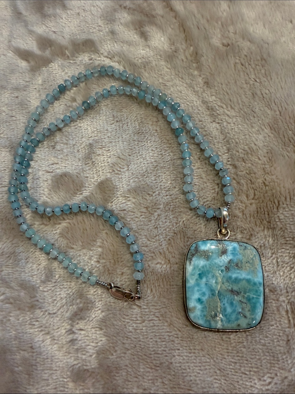 Blue Larimar Pendant Necklace Sterling Silver Square + amazonite gemstone beads